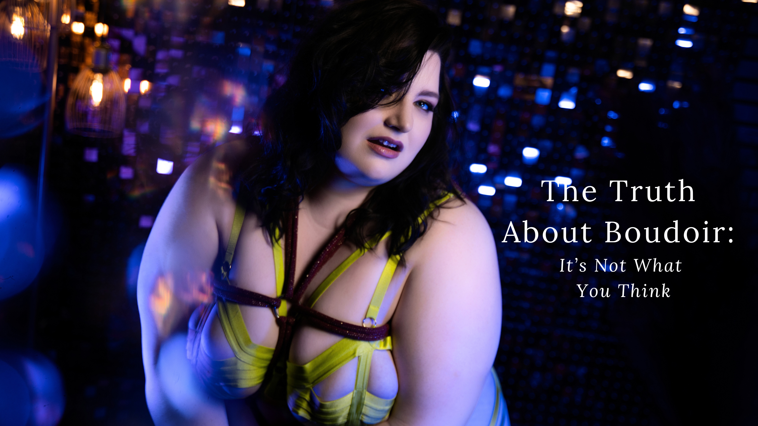 plus size woman smirking at the camera, wearing yellow lingerie in neon blacklight wearing shibari rope.